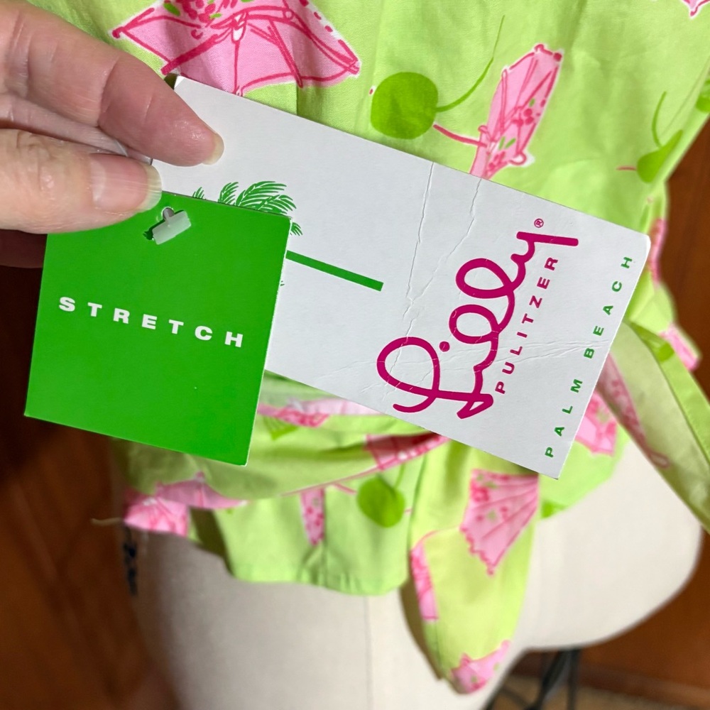 Lilly Pulitzer Lime Green Wrap Blouse with Pink Umbrella Print Sz M VINTAGE - Picture 4 of 5